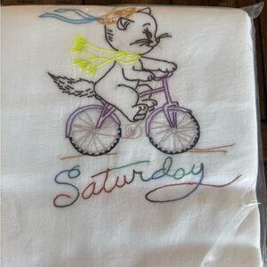 Embroidered Cat on Bicycle White Fabric